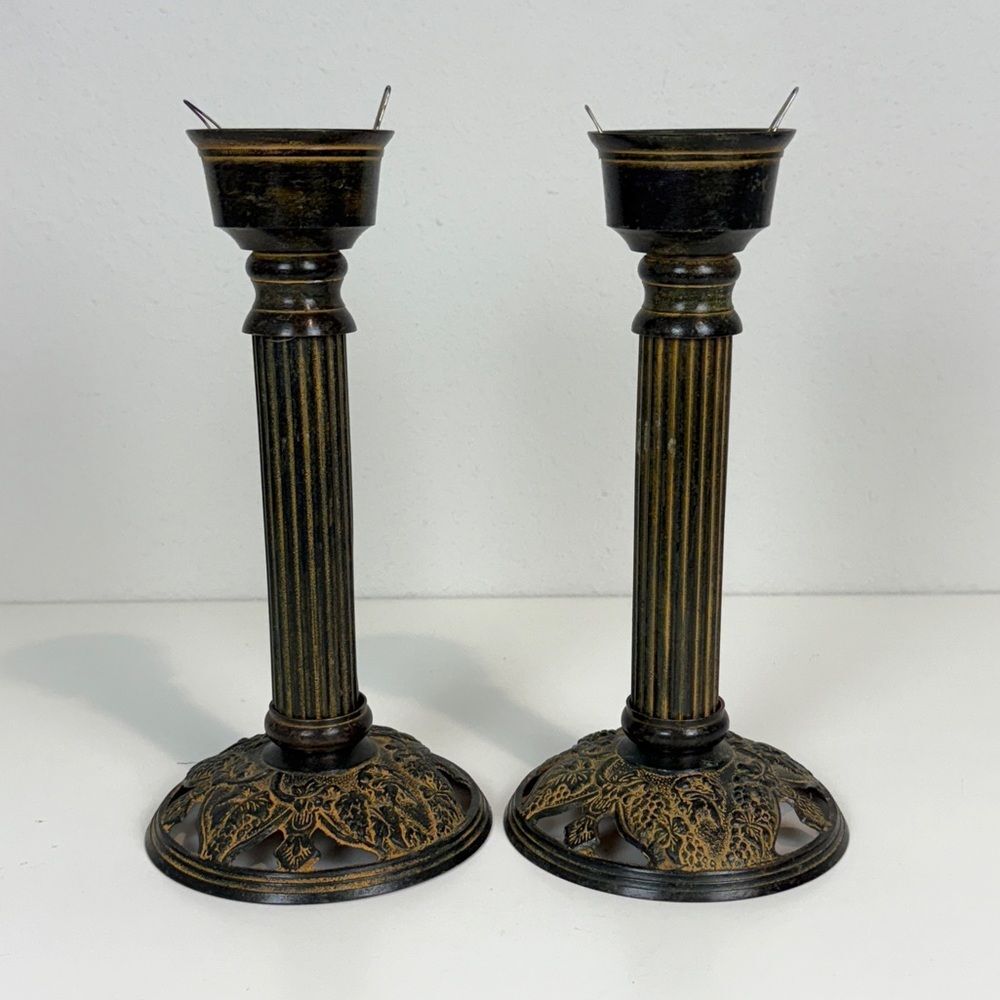 Vintage Pair of Heavy Metal Pillar Candle Holders 10”
